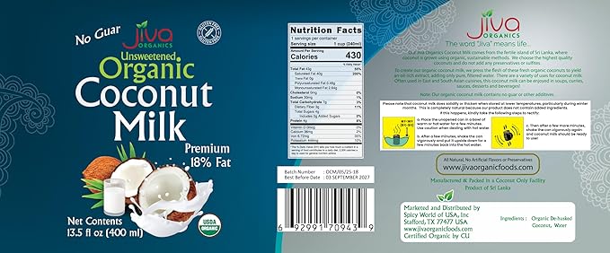 Organic Coconut Milk 13.5 Ounce (Pack of 12) - Unsweetened, Premium FULL 18% Fat, Vegan, Paleo, No Guar Gum, BPA Free, Keto Friendly by Jiva Organics