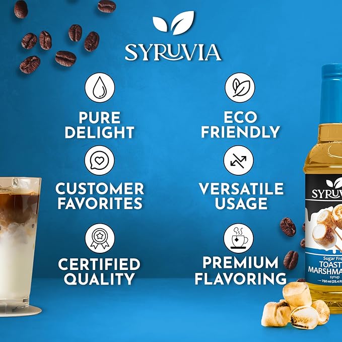 Syruvia Sugar Free Coffee Syrup, Toasted Marshmallow Flavored Syrup for Drinks, Lattes, and Desserts – 25.4 fl oz