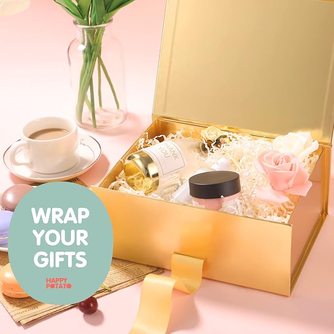 HAPPY POTATO 5 Christmas Gift Boxes with Ribbon 9x6.5x3.8 Inches, Gold Gift Boxes with Lids, Collapsible Boxes, Magnetic Closure Boxes for all occasion (Glossy Gold, Pack of 5)