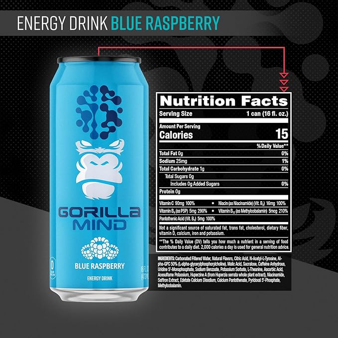 Gorilla Mind Energy Drink | Unmatched Energy · Amplified Focus | N-Acetyl-L-Tyrosine, Alpha-GPC, 200mg Caffeine, Uridine, Saffron | 0 Sugar Or Artificial Colors | 16oz, 12-Pack (Blue Raspberry)