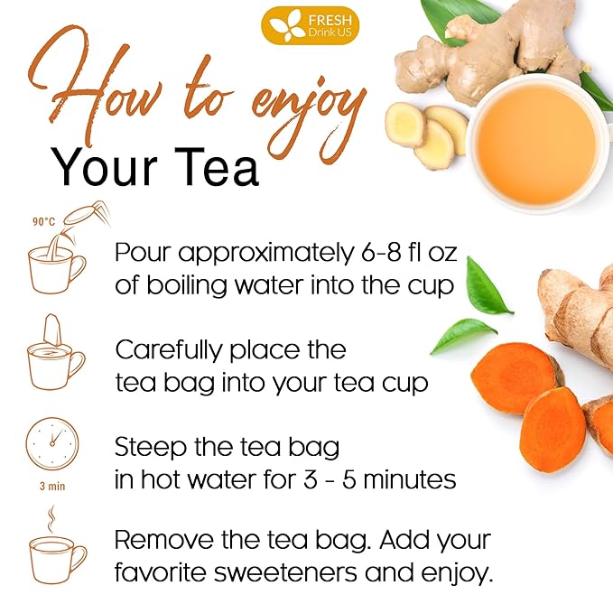 FreshDrinkUS, Premium 45 Ginger Turmeric Tea Bags, 100% Natural Ingredients, Hand-made Blend of Ginger and Turmeric Herbal Tea, Eco-conscious Tea Bags. No Sugar, No Caffeine, No Gluten, Vegan.