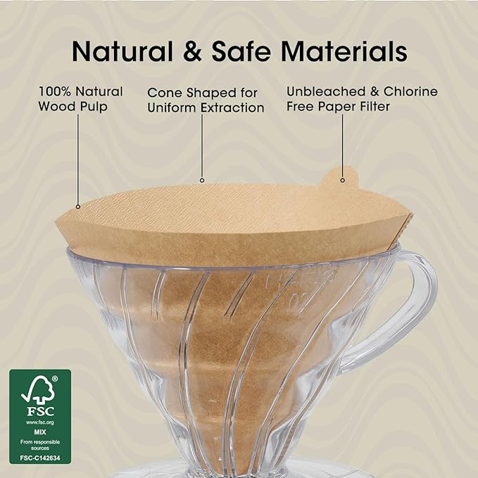 V60 Coffee Filters 02, ONIOU Unbleached Size 02 Cone Coffee Filters, 200 Count Natural Brown Pour Over Paper Filters for Hario V60 & Others 1–4 Cup Coffee Dripper