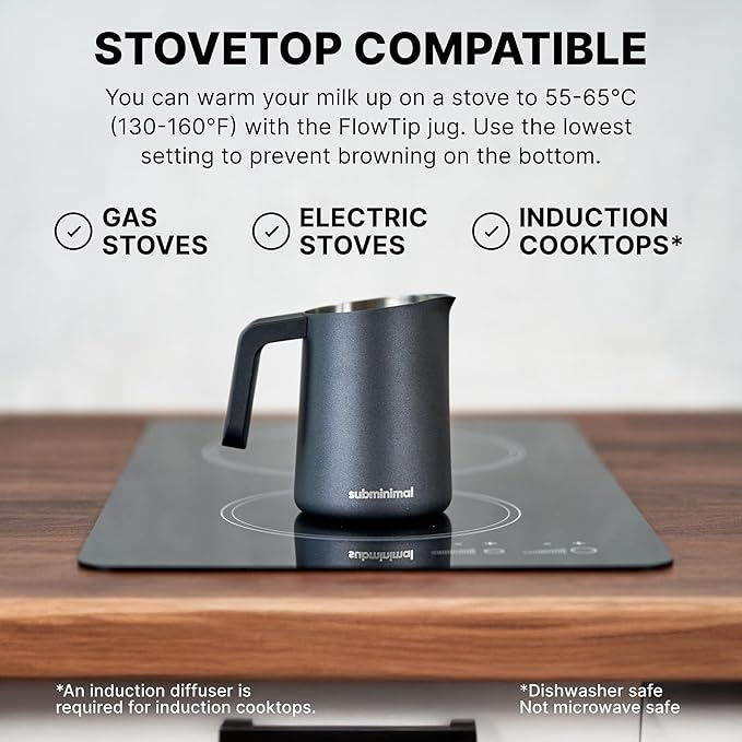 Subminimal FlowTip Milk Jug | Stovetop Milk Frothing, Foaming Pitcher for Premium Barista-Style Coffee at Home | Cappuccino & Latte Art Pouring Jug with Ergonomic Heat Resistant Handle | 450ml, Black