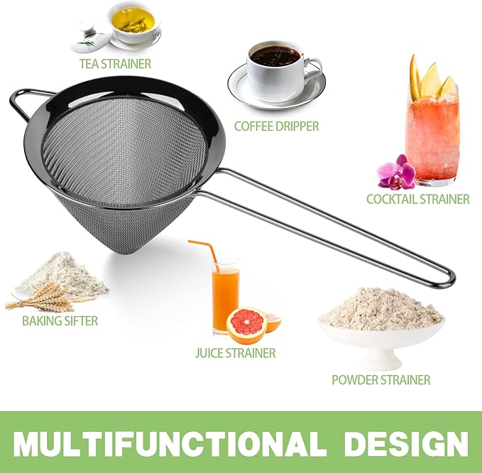 2 Pack Stainless Steel Small Food Strainer, Fine Mesh Sieve with Long Handle, Cocktail Strainer For Cocktails, Tea Herbs, Coffee & Drinks, Rust Proof & Great as Tea Strainer, 3.5inch