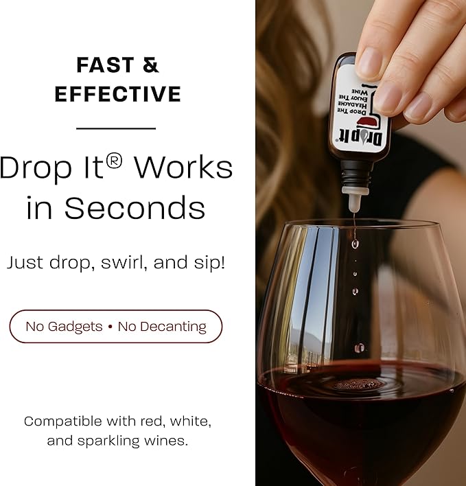 Drop It Wine Drops, Original - 10 mL, 4 Pack - Naturally Reduces Sulfites & Tannins in Red, White & Sparkling Wines - Portable, Easy to Use - Treats Up to 55 Glasses/9 Bottles of Wine Each - USA Made