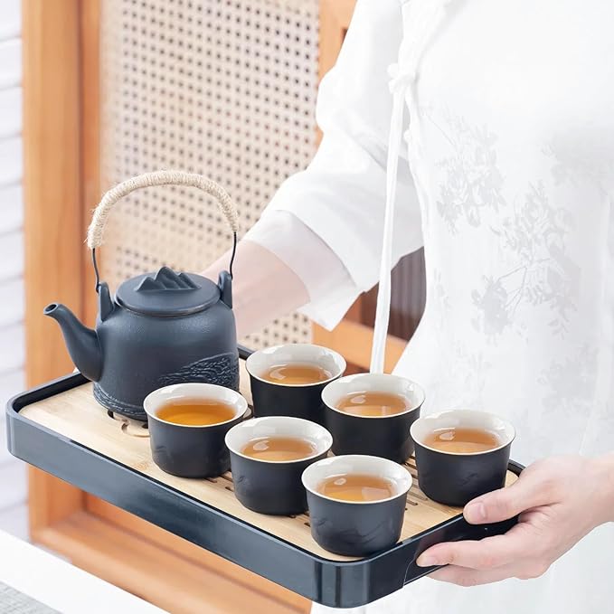 ICHAG Chinese Tea Set, Japanese Tea Sets for Adults, 15-Piece Porcelain Gongfu Tea Set with Tea Pet & Tea Tray, Japanese Teapot Set, Travel Tea Party Set, for Home/Office/Outdoor/Gifts (Black)