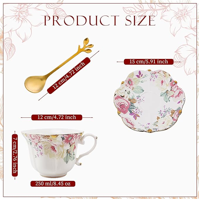 TATSUMI Country Roses Bone China Tea Cup and Saucer Set, 6 Pieces, Vintage Style, For Women and Tea Parties(Pink,2 Set)