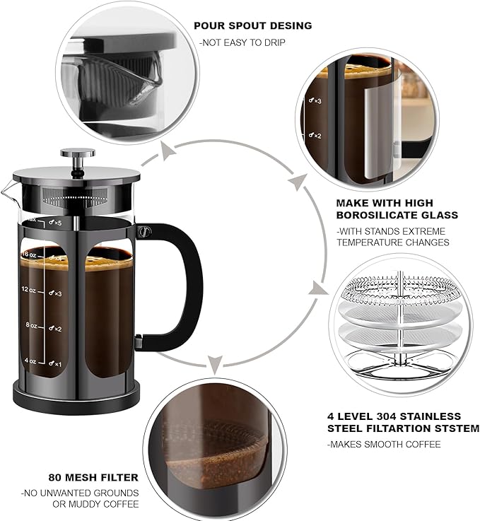 French Press Coffee Maker (21oz 600ML 3-4Cup) Coffee Press, with 4 Filters System, Heat Resistant Thickness Borosilicate Glass, Cold Brew Coffee Tea Pot Gifts (Bright Black)