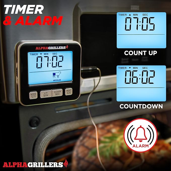 Alpha Grillers Meat Thermometer Digital for Oven - Large Display Oven Thermometer for Cooking - Leave-in BBQ Grilling Probe with 7 Presets, Timer, Alarm - Gifts for Men Him Boyfriend Husband
