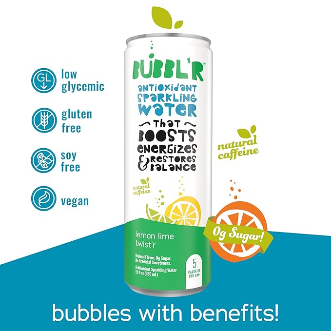 BUBBL'R lemon lime twist'r, Antioxidant Sparkling Water with Natural Caffeine, 0g Sugar, Gluten Free, All Natural Flavors, 12 Fl Oz Cans, 12 Count