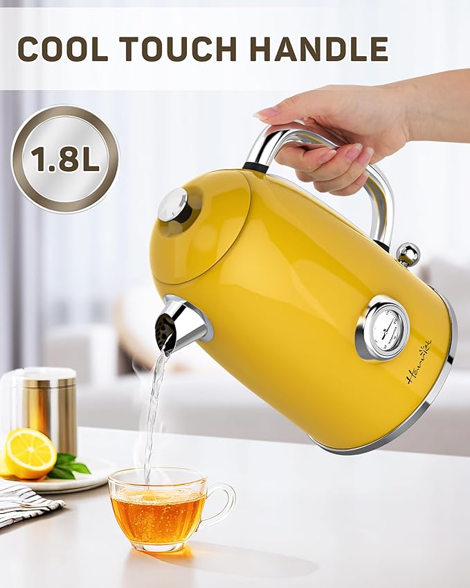 Harriet Electric Kettle, 1.8L Retro Electric Tea Kettle with Thermometer, 1500W Stainless Steel Hot Water Kettle Electric with LED Indicator, Fast Boiling, Cordless, Auto Shut-Off, Yellow