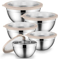 Mixing Bowl Set of 5 for Kitchen, Stainless Steel Metal Nesting Mixing Bowls with Khaki Lids – Size 1.5, 2, 2.6, 3.5, 4.6QT
