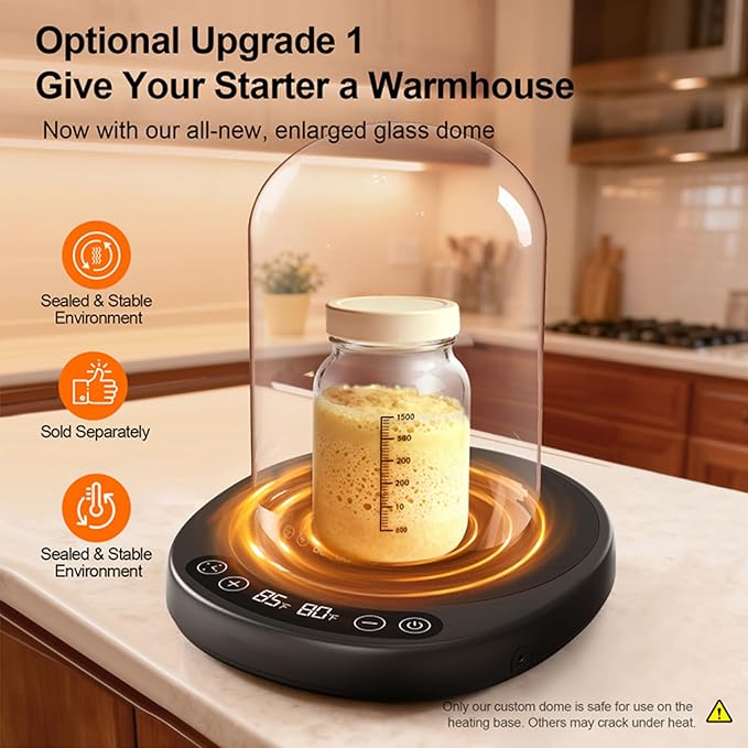 Gift Set – Sourdough Starter Warmer with Glass Dome, Precise 1°F Control (70–100°F), 12-Hour Timer, Auto On/Off, Ideal Fermentation Temperature for Sourdough Starter, White Kit Giftset-WHT