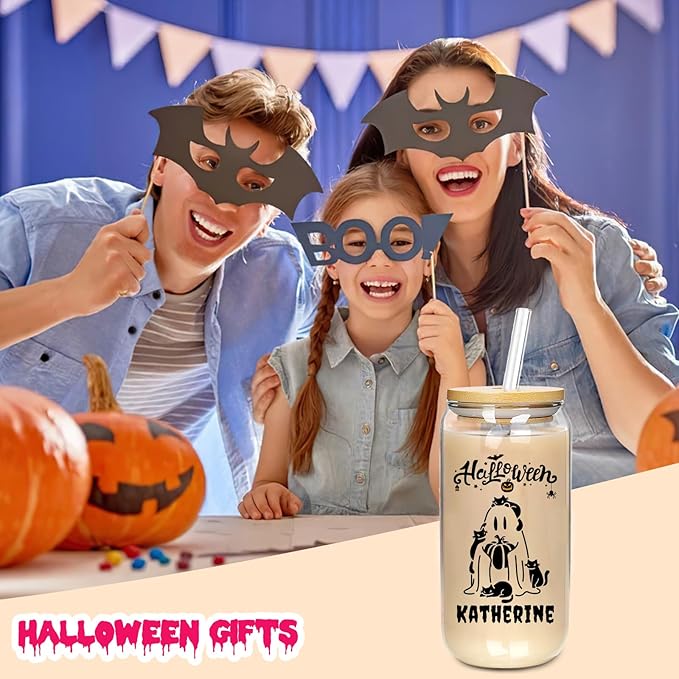 Personalized Halloween Tumbler-Boo Basket Stuffers- Can Shaped Glass with Lids and Straws18OZ -Halloween Gifts for Friend Son Daughter
