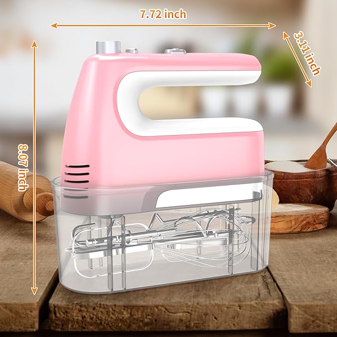 Hand Mixer Electric, 5-Speed Powerful 400W Motor, Hand Mixer Electric Handheld, Handheld Mixer with Turbo Boost & Storage Case, 2x Flat Beaters, 2x Dough Hooks, 1x Whisk for Baking (Pink)