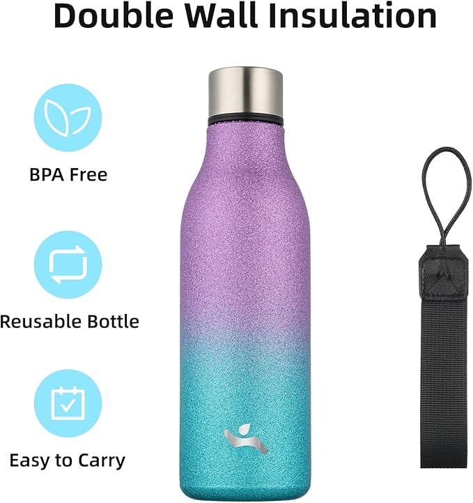 Insulated Water Bottle with Strap,18 oz Double Wall Stainless Steel Vacuum Bottles Metal Water Flask,Sparkling Purple Green