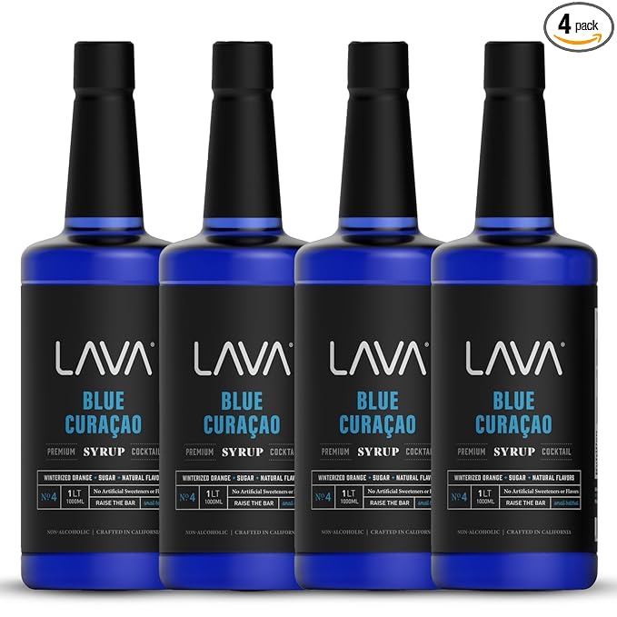 (4-Pack) LAVA Premium Blue Curacao Syrup, 33.8oz (1-Liter), Made with 100% Sugar, Orange Extract, No Artificial Sweeteners or Flavors