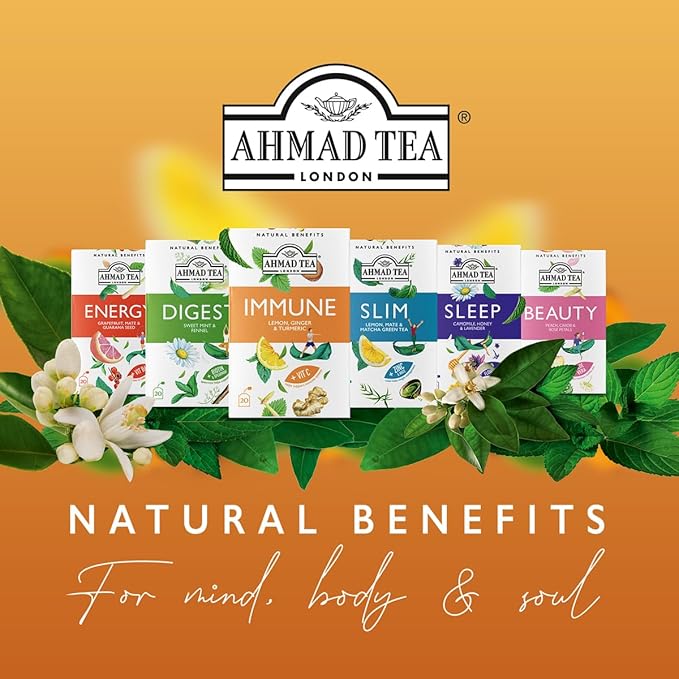 Ahmad Tea Natural Benefit Functional Tea Selection Pack | Green teas, Fruit & Herbal Infusions | Perfect herbal tea gift - 60 Teabag Sachets | 6 blends