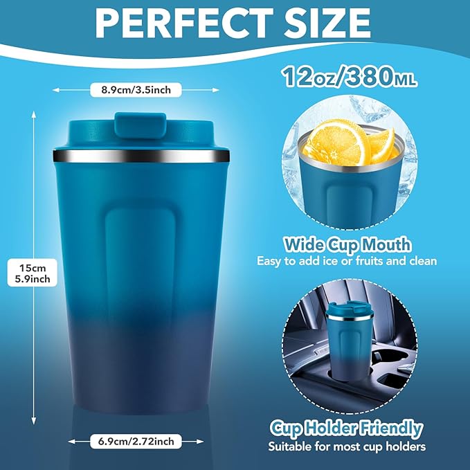 Volhoply 12 oz Double Wall Insulated Vacuum Travel Coffee Mugs with Flip Lid Bulk 2 Pack,Reusable Stainless Steel Leak Proof Coffee Cup,Portable Cafe Thermal Tumbler for Hot & Cold Drinks(Mix,2 Set)