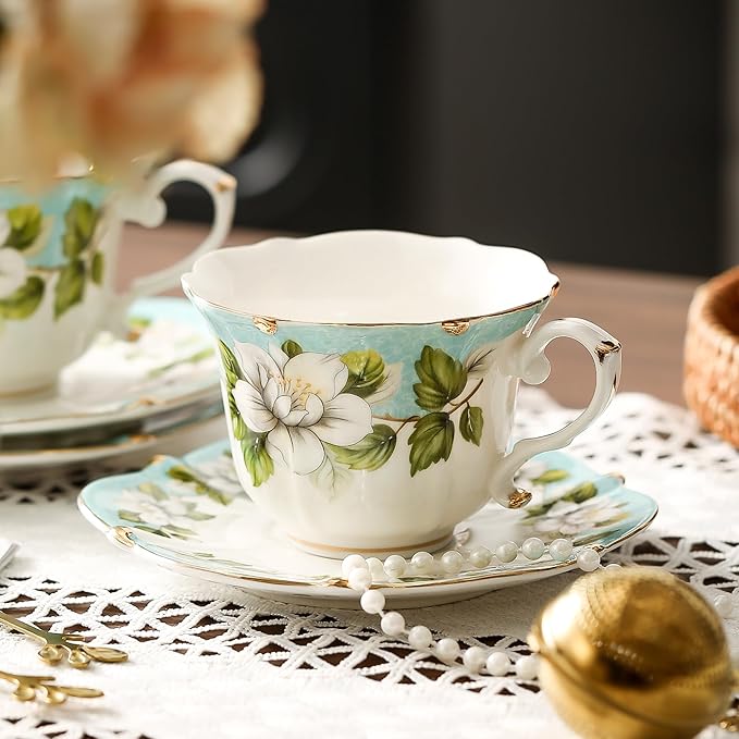 TATSUMI Country Roses Bone China Tea Cup and Saucer Set, 3 Pieces, Vintage Style, For Women and Tea Parties(Light Green, 1 set)