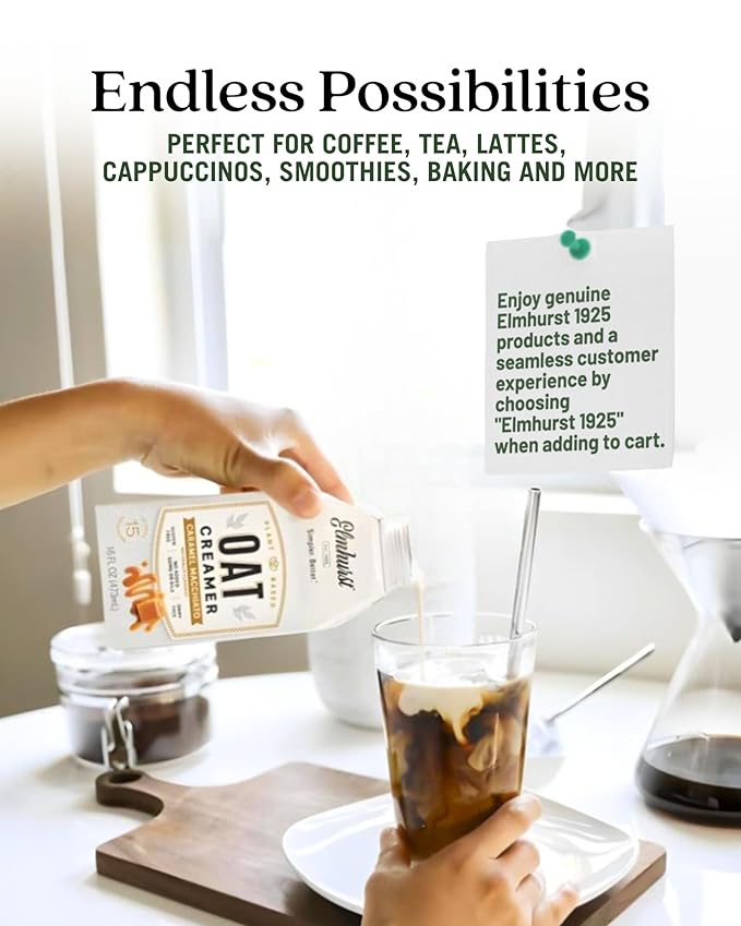 Elmhurst 1925 Caramel Macchiato Oat Creamer - 16 Ounce (Pack of 6) Dairy-Free, Vegan, Kosher, Low Sugar, Shelf Stable Creamer Made with Oat Grains & Caramel for Simpler Plant Based Alternatives