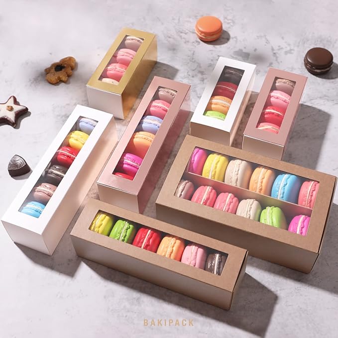 25 Rose Gold Macaron Boxes with Clear Window, Elegant Style, Holds 6 Macarons, 7.4" x 2" x 2"