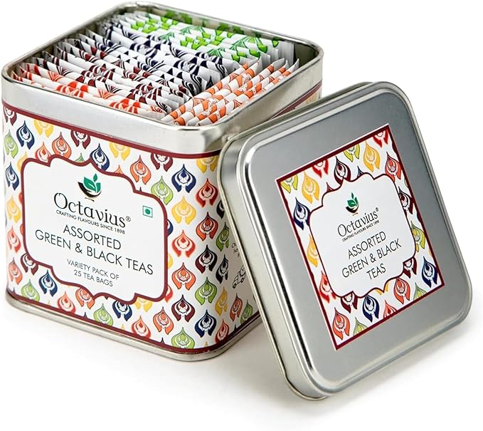 Octavius Tea Variety Pack | 6 Assorted Black & Green Tea Flavors | 25 Teabags | Tea Sampler Pack | Pack of 4 | 100 Teabags | Premium Indian Tea Gift Set