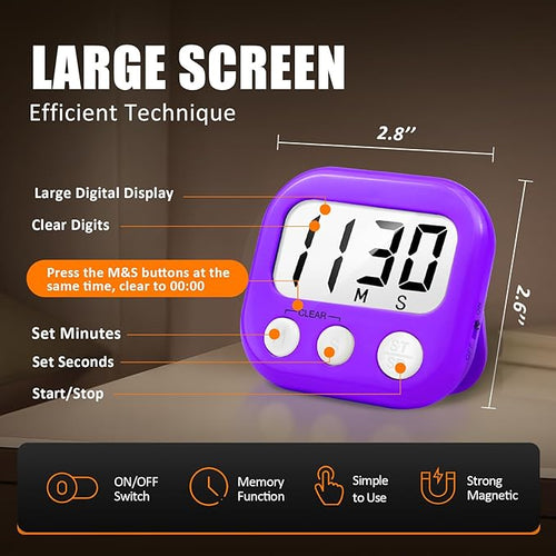 2 Pack Digital Kitchen Timer for Cooking Big Digits Loud Alarm Magnetic Backing Stand Cooking Timers for Baking Purple