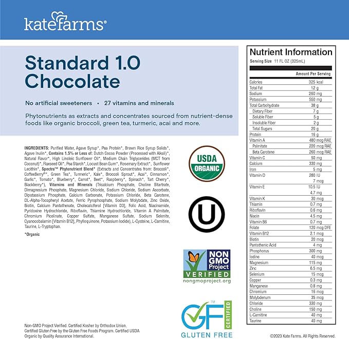 KATE FARMS Organic 1.0 Sole-Source Nutrition Shake, Chocolate, 16g Protein, 27 Vitamins and Minerals, Meal Replacement, Protein Shake, 11 oz (12 Pack)