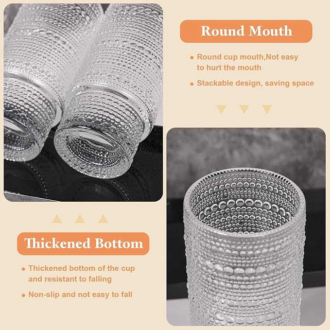 16OZ Glass Tumbler with Straw and Lid,Glass Cups with Lids and Straws,Ribbed Iced Coffee Cups Vintage Embossed Glassware for Juice Whiskey Cocktail Beer(2Pack)