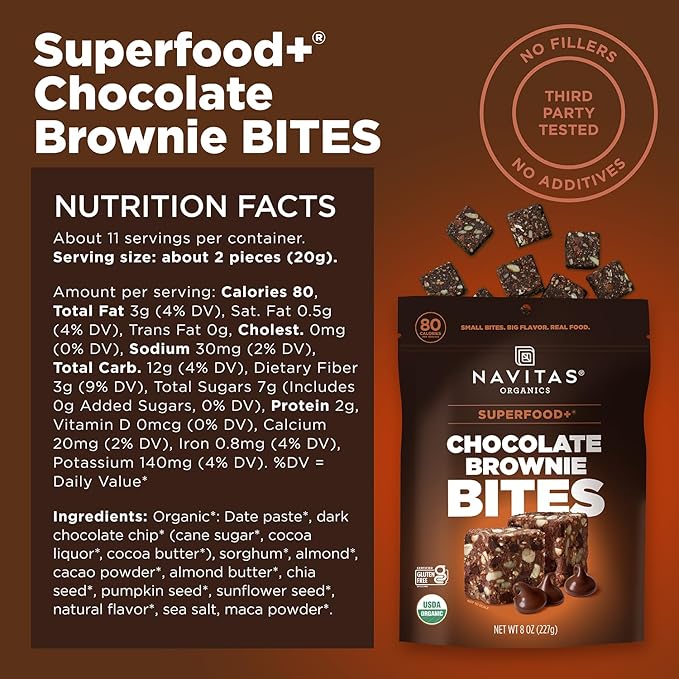 Navitas Organics Chocolate Brownie Superfood+ BITES – Power Snacks – All Natural Plant Based – Clean Energy & Nutrition – USDA Organic, Non GMO, Gluten Free, Kosher, Vegan (8oz. Bag 11 Servings)
