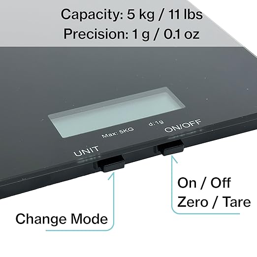 PantryPro Glass Platform Digital Kitchen Scale - 11lbs / 5kg Capacity - LCD Display g kg oz lb fl.oz ml - CR2032 Battery Included - White