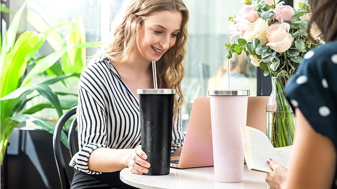 bzyoo SUP Double Wall Vacuum Insulated Tumbler with Straw and Lid Stainless Steel Water Bottle Cold Drink Travel Mug Cup Valentines Gifts For Him & Her (710ml) Color: Mandala Black