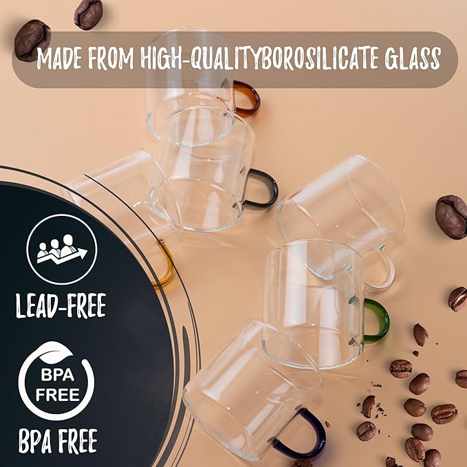 Bacimi® Clear Espresso Cups with Colorful Handles - Set of 6 / 4oz / 120ML - Borosilicate Glass Mugs for Cappuccino, Tea, Latte, & Hot Beverage - Mini Drinking Cups - Microwave Safe