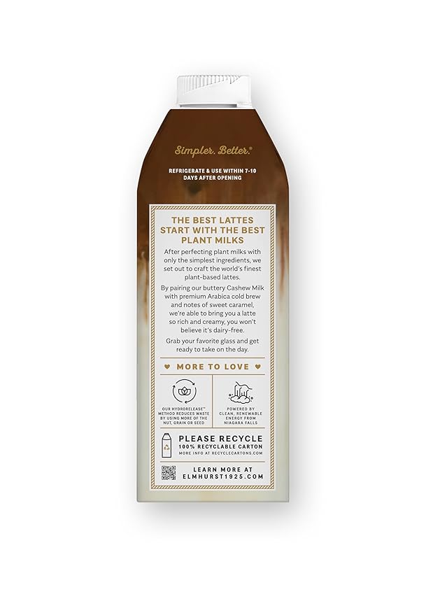 Elmhurst 1925 Caramel Cashew Latte – Plant-Based, Vegan, Dairy-Free Plant Milk Latte Made of Cashew Milk, Cold Brew Premium Arabica with 95mg Caffeine & Sweet Caramel Notes – 25.4oz (Pack of 6)