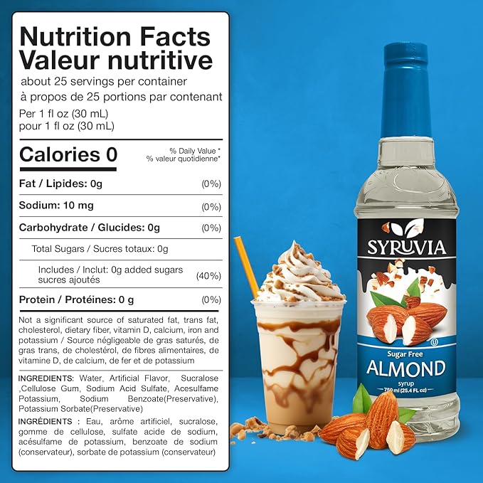 Syruvia Sugar Free Coffee Syrup, Almond Flavored Syrup for Drinks, Lattes, and Desserts – 25.4 fl oz