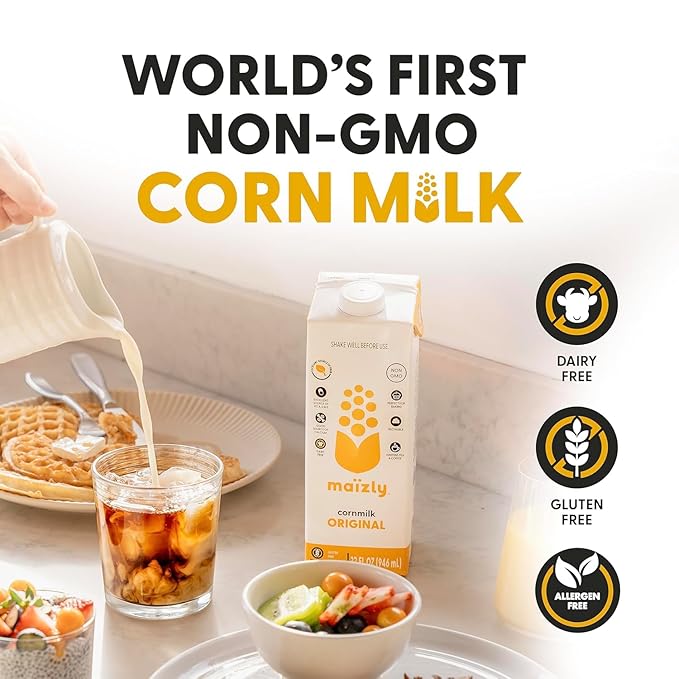 Maizly Original Corn Milk, Plant-Based Drink Made with Non-GMO Ingredients, Less Sugar, Gluten & Dairy-Free Alternative to Whole Milk, Non-Dairy Kosher Drink For Kids & Adults, 32 oz, Shelf Stable Pack of 6 Boxes