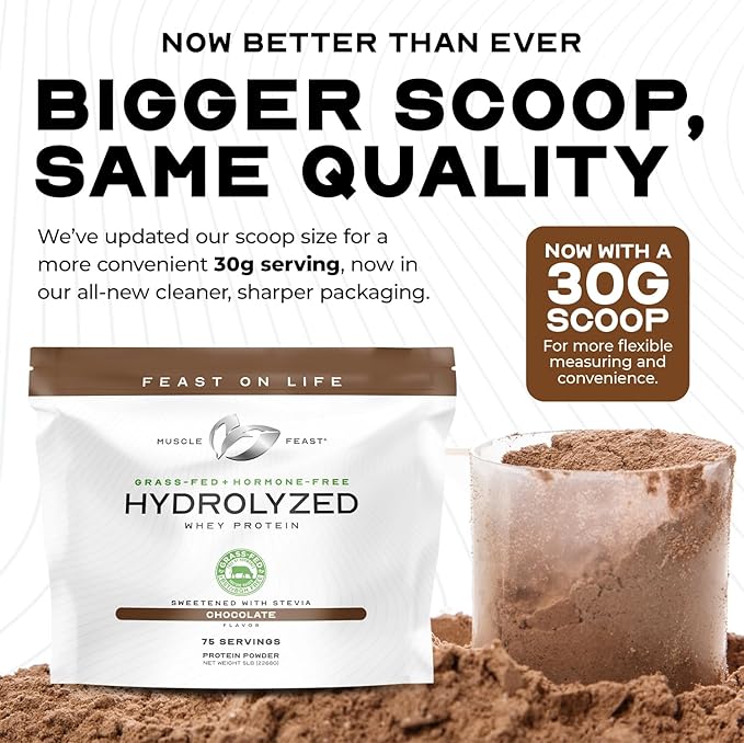 Muscle Feast Hydrolyzed Whey Protein Powder, Grass Fed and All Natural Hormone-Free, Hydro Whey Powder for Men and Women, Gluten Free, Non-GMO, Delicious Hydrolyzed Protein Powder, Chocolate, 2lb