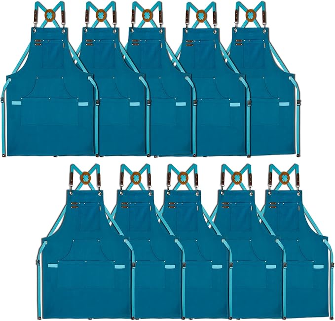 10 Pack Kitchen Aprons, Work Apron, Canvas, Multiple Pockets, Gardening, Painting, BBQ, Artist, Carpenter, Sizes M to XXL, Blue