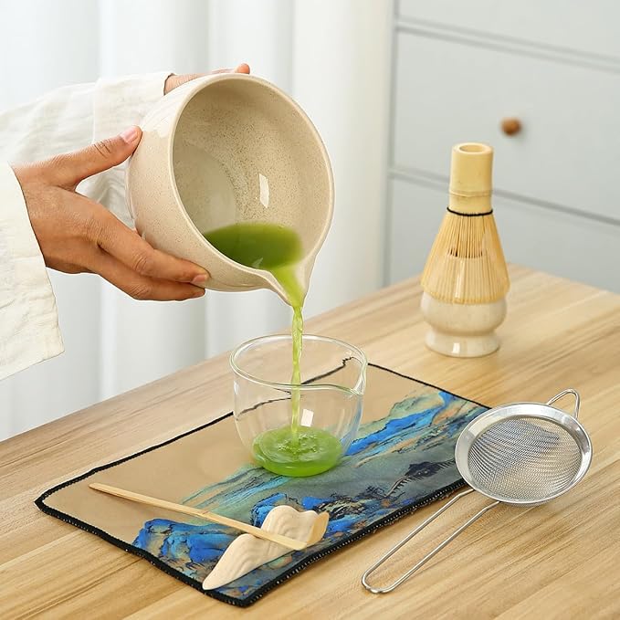 Matcha Set, 7 Pieces, Matcha Bowl with Spout, Whisk, Holder, Bamboo Scoop, Stainless Steel Sifter