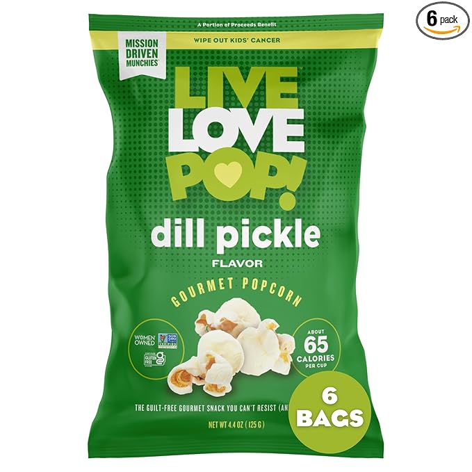 Live Love Pop Dill Pickle Flavored Gourmet Popcorn, 4.4 Oz (Pack of 6), Healthy Snack, Gluten Free, Vegan & Non-GMO, Mission Driven Munchies