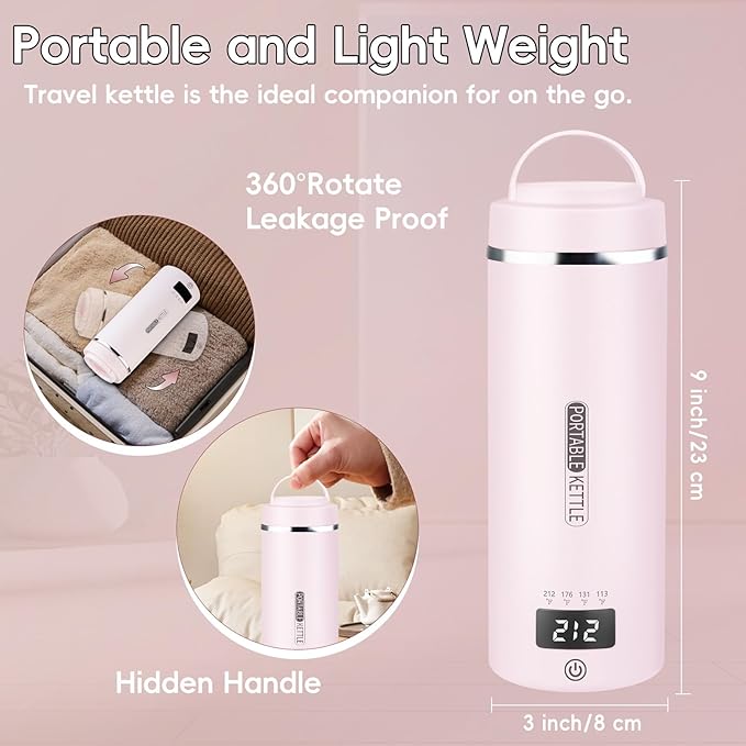 Travel Kettle Portable Electric Kettle with Plug-in Boiling & Keeps Warm via USB, Portable Water Boiler with 4 Temperature Settings, 304 Stainless Steel with Auto Shut-off 16oz(Pink)
