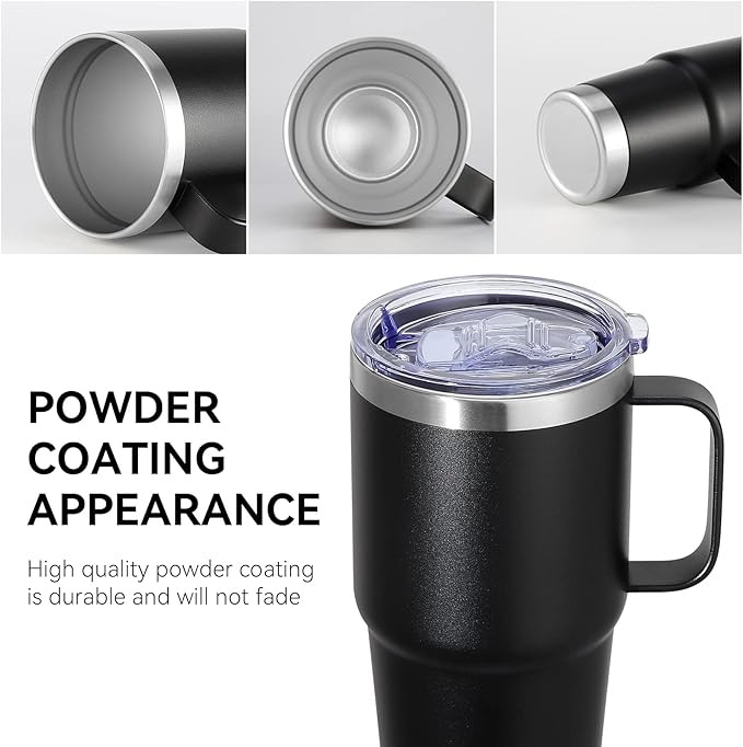 VEGOND 20 oz Tumbler with Handle Lid and Straw, Stainless Steel Insulated Travel Coffee Mug Spill Proof Double Wall Metal Tumbler Cup Keeps Drink Hot and Cold, Black 1 Pack