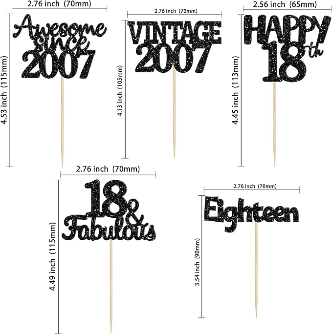 Gyufise 30Pcs Vintage 2007 Cupcake Toppers Glitter Eighteen Happy 18th Cupcake Picks Happy 18th Birthday Cake Decorations for Happy 18th Birthday Fabulous Anniversary Party Supplies Black