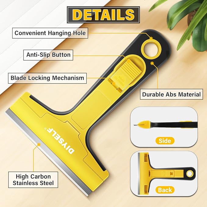 DIYSELF Razor Blade Scraper, 1 Pack Razor Scraper, 4 Inch Razor Blade Scraper Tool with 10 Extra Blades, Scraper for Cleaning, Glass Top Stove, Sticker Removal, Floor, Glass Scraper, Paint Scraper