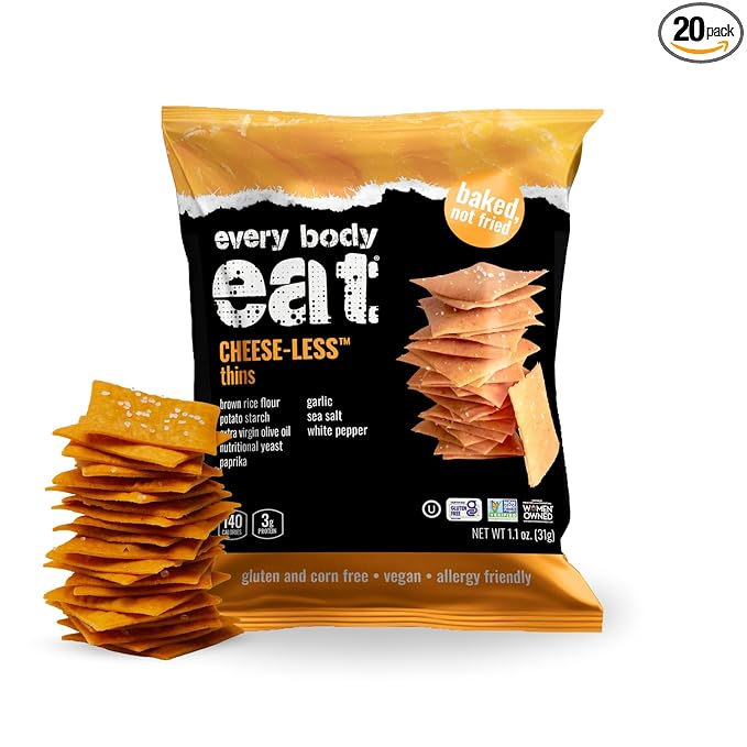 Every Body Eat Snack Thins, Gluten & Dairy Free, Vegan, School Safe Lunch Snacks, Cheese-Less (20 Single Serve Bags, 1.1oz)