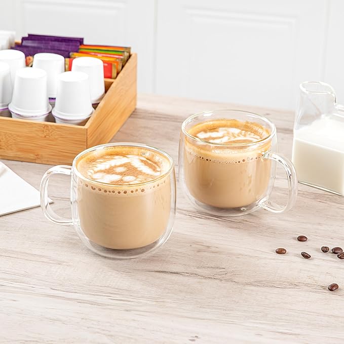 Restaurantware-Forma Professional 16.9 Ounce Double Wall Coffee Mugs, 2 Insulated Coffee Mugs With Handle - Dishwashable, Reusable, Clear Glass Beverage Cups, Freezable, For Hot Or Cold Beverages