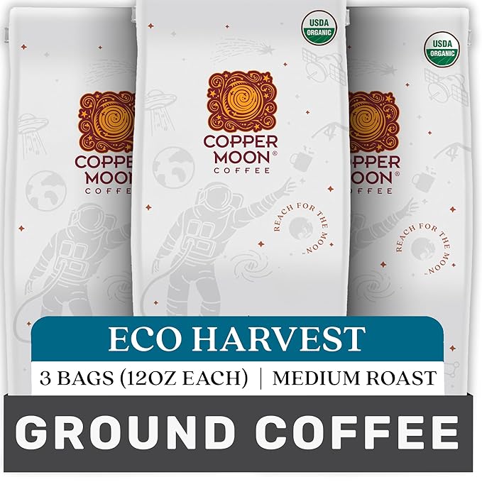 Copper Moon Ground Coffee, Organic Eco Harvest Blend, Medium Roast, 3 Bags (12 oz. Each)
