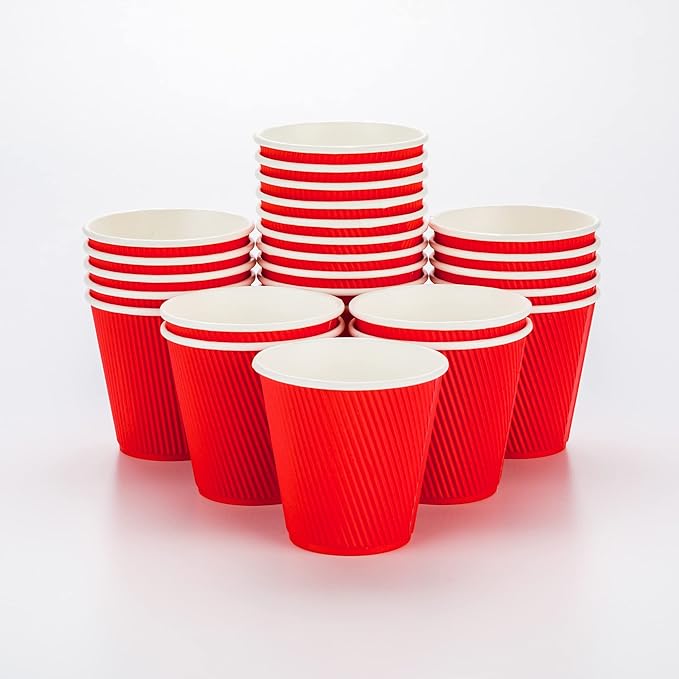 Restaurantware 8 Ounce Double Wall Disposable Coffee Cups, 500 Insulated Red Paper Tumblers with Ripple Wall Design, Lids Sold Separately for Hot Drinks like Tea, Hot Chocolate, and More