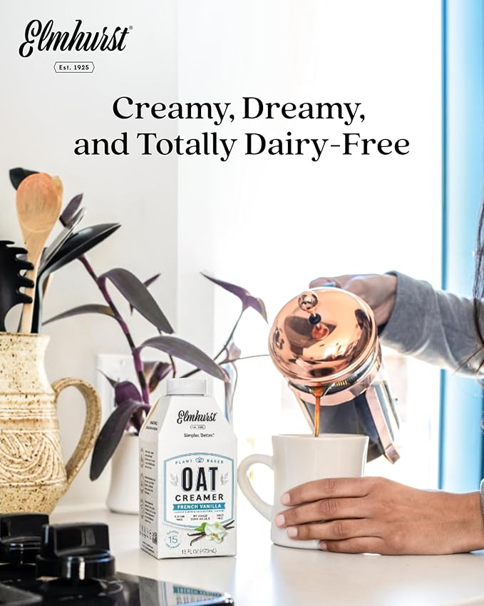 Elmhurst 1925 French Vanilla Oat Creamer - 16 Ounce (Pack of 6) Dairy-Free, Vegan, Kosher, Low Sugar, Shelf Stable Creamer Made with Water & Oat Grains for Healthier, Simpler Plant Based Alternatives